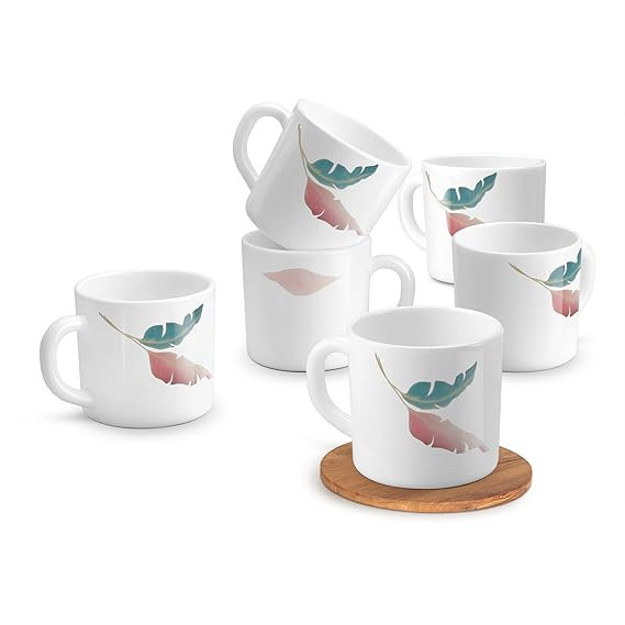 Treo By Milton Opalware Amara 10 Palma Cup Set | Microwave & Dishwasher Safe | Bone-Ash Free | Tempered Toughness | Set of 6, 100 ml Each | White | Mug Set for Tea, Coffee, Daily Use & Gifting