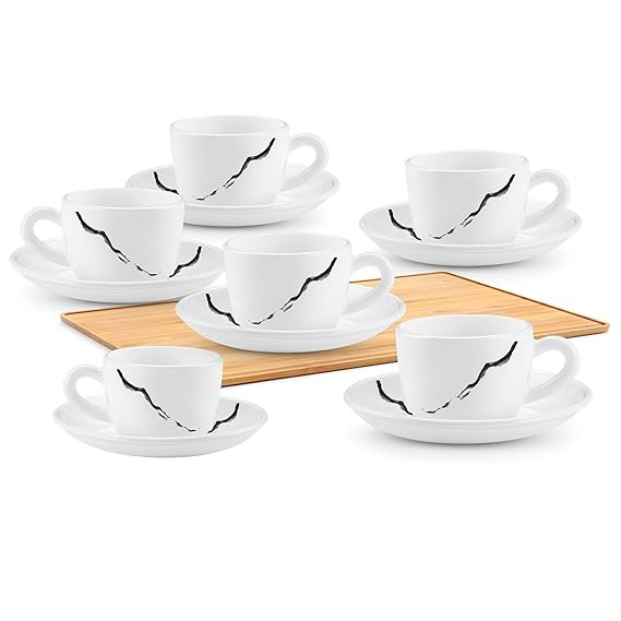 Treo By Milton Opalware Ophelia 13 Stria Cup & Saucer Set | Microwave & Dishwasher Safe | Bone-Ash Free | Tempered Toughness | Set of 12 | White | Crockery Set for Daily Use & Gifting