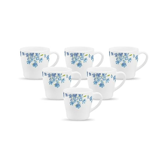 La Opala Diva, Opal Glass Crockery | Cup Gloria, Set of 6 | Aster Blue, 160 ml | for Tea & Coffee | Microwave Safe | 100% Vegetarian | Toughened Extra Strong | Super Light | Super White