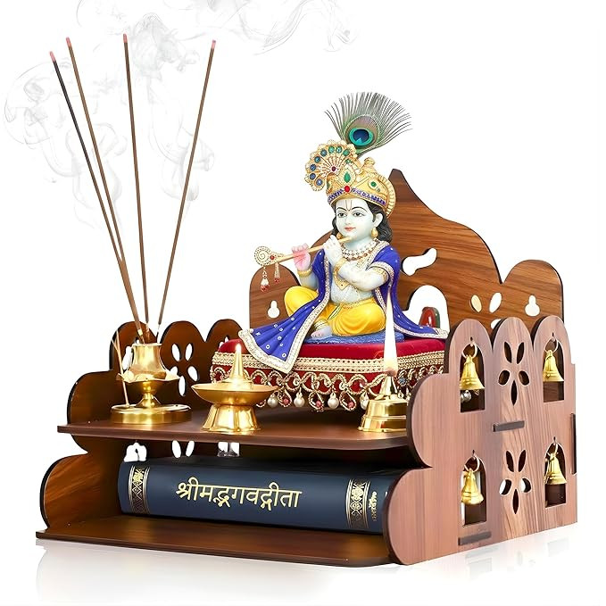 Small Pooja Mandir for Home Wall Mount & Tabletop | Wooden Temple with Bells | Mini Mandir for Office, Home, Daily Worship पूजा & Decor