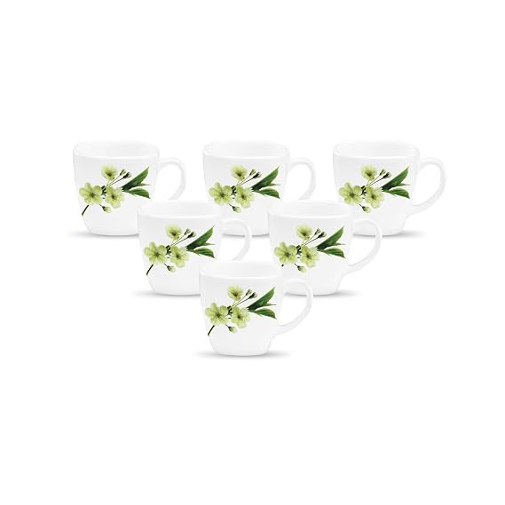 La Opala Diva, Quadra Collection Opal Glass Crockery | Coffee Mug, Set of 6 | Snowdrop, 190 ml | for Tea & Coffee | Microwave Safe | 100% Vegetarian | Extra Strong | Super Light | Super White