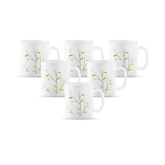 La Opala Diva, Opal Glass Crockery | Coffee Mug Cylinder Medium, Set of 6 | Citron Weave, 250 ml | for Tea & Coffee | Microwave Safe | 100% Vegetarian | Extra Strong | Super Light | Super White