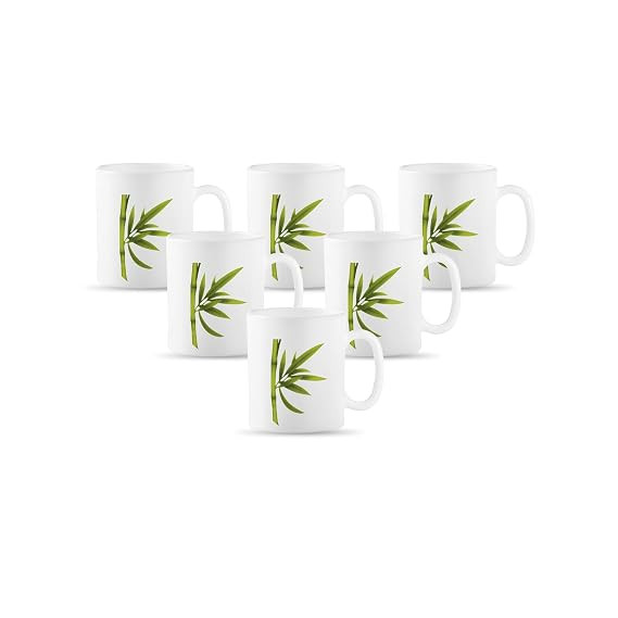 La Opala Diva, Opal Glass Crockery | Coffee Mug Cylinder Regular, Set of 6 | Fluted Green, 190 ml | for Tea & Coffee | Microwave Safe | 100% Vegetarian | Extra Strong | Super Light | Super White