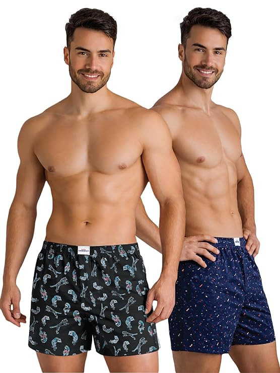 Lux Champion Men's Super Combed Mercerized Cotton Printed Boxer Shorts (Pack of 2) | Comfortable & Breathable for Summers | Dual Side Pockets with Security Zip (Color and Print May Vary)