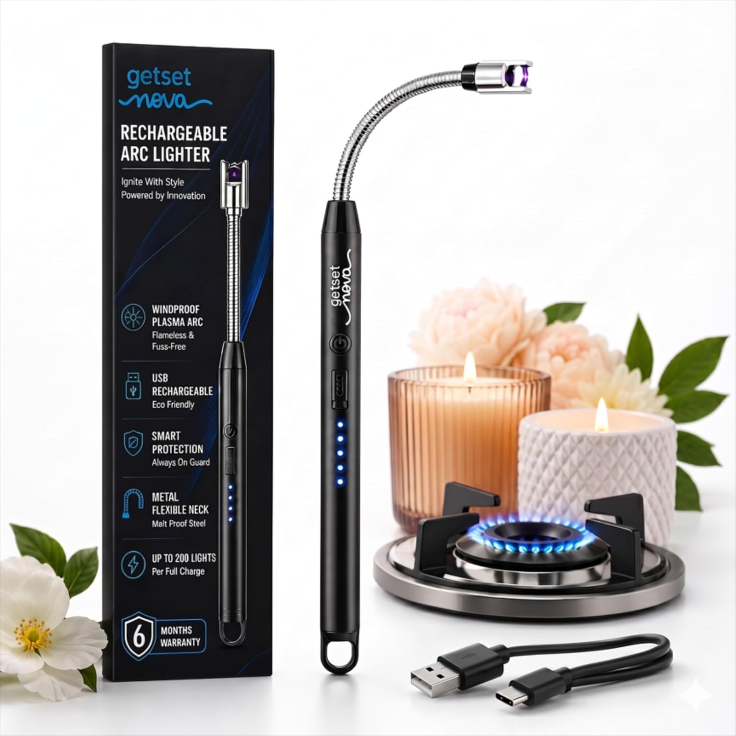 Gas Lighter for Kitchen, Rechargeable Gas Lighter for Kitchen, Electric Lighter Rechargeable for Gas Stove & Candles, USB Rechargeable Arc Lighter with Melt Proof Head