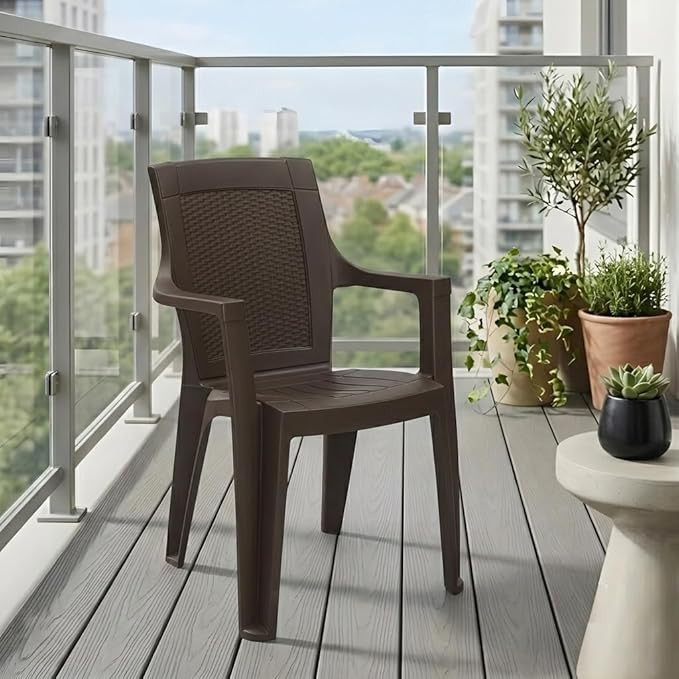 Nilkamal Mystique Plastic Chair with Armrest | 3 Year Warranty | Heavy Duty Chair for Home, Living Room, Dining, Balcony, Bedroom & Office | Stackable | Indoors & Outdoor | Season Rust Brown