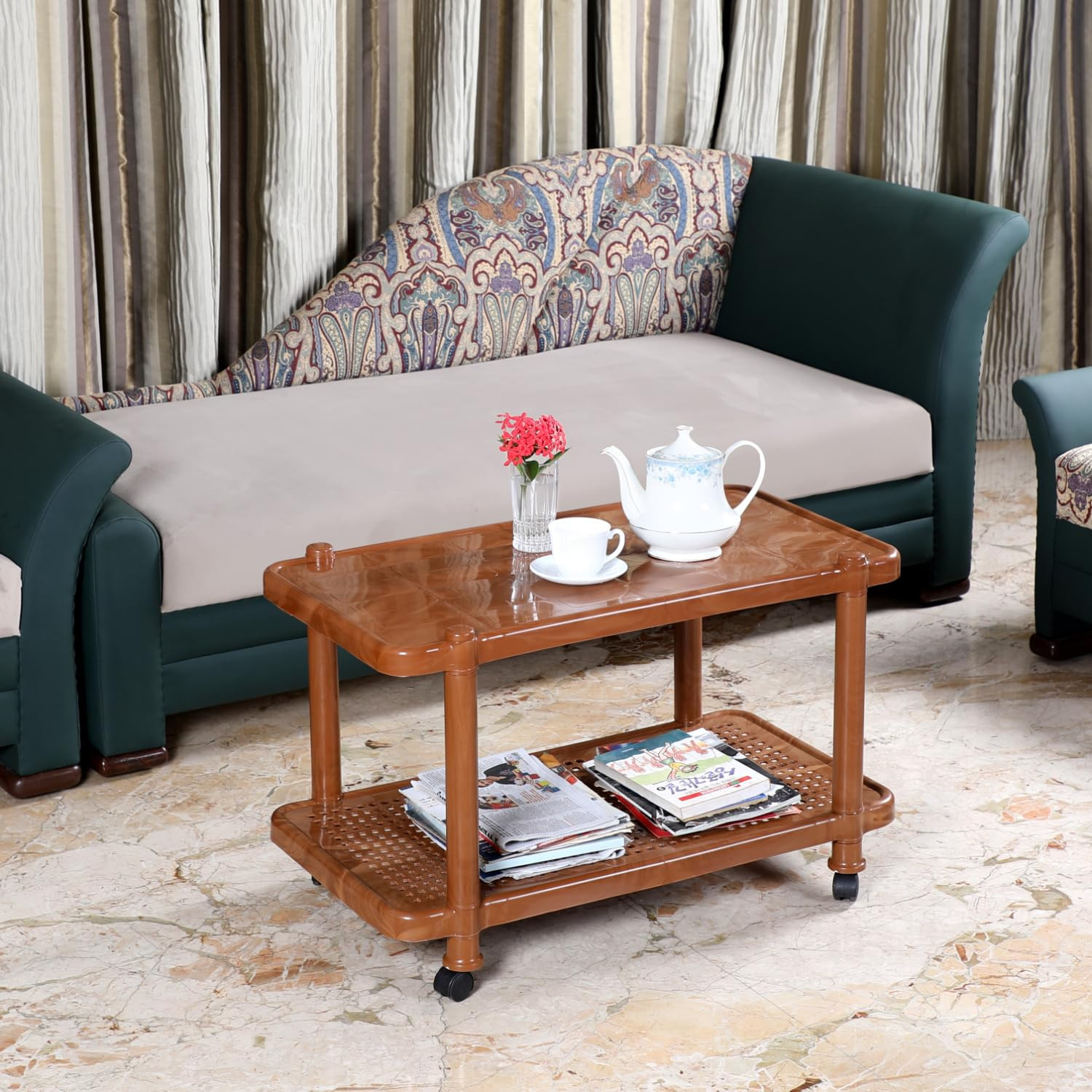 Cello Oscar Trolley Coffee Table/Tea Table/Teapoy for living room, Home, Drawing Room, Outdoor| 3 Year Warranty | Sadalwood Brown Colour