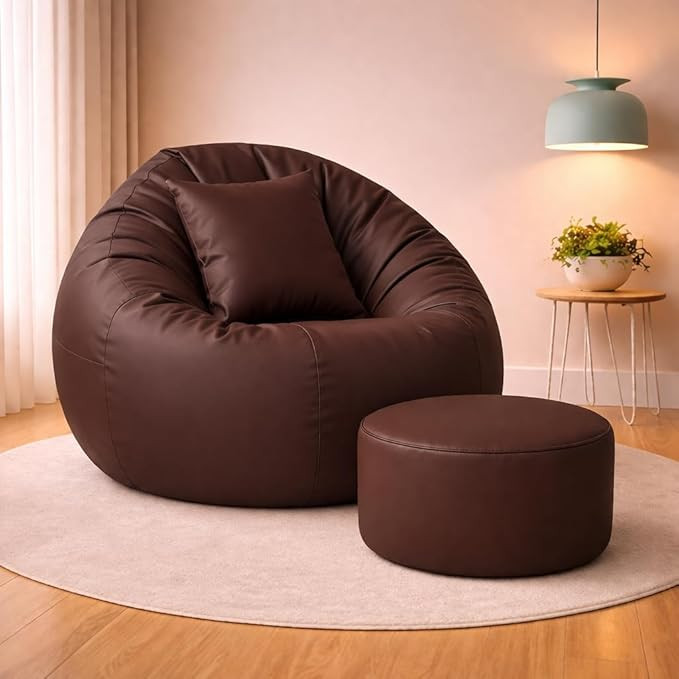 4XL Tear Drop Bean Bag with Footrest & Cushion | Premium Leatherette Bean Bag Cover | XXXXL Lounger Chair for Living Room | Without Beans | Upto 150 Kg (Brown, XXXXL)