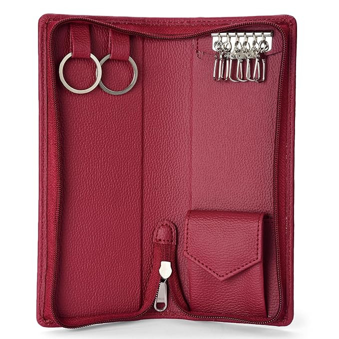 Leather Key Case Wallet Keychain Key purs Holder Men & Women Bank Key Holder, Bank Locker with 6 Hooks Zipper Closure Colour Cherry