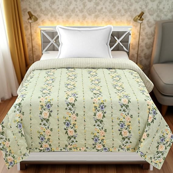 Luxury Ultrasonic Punch AC Comforter Blanket – Quilted Microfiber Floral Pattern, Breathable All‑Season Blanket for Bedroom, Travel (Singled Bed,228x152 CM) (Light Pastel Green)