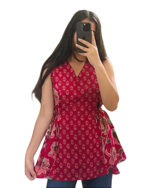 Women's Floral Print Cotton Peplum Top, V-Neck Sleeveless Casual Wear, Maroon with Small Motifs