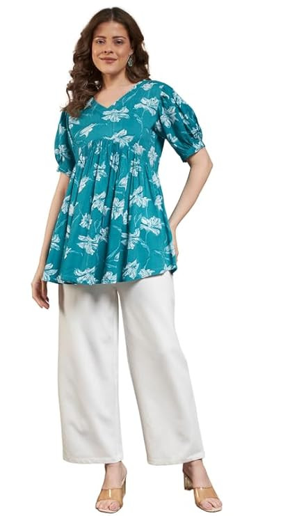 Rayon Floral Printed Peplum Top for Women | V Neck Short Kurti | Short Sleeves Top | Regular Fit Flared Tunic for Office | Casual Ethnic Styling