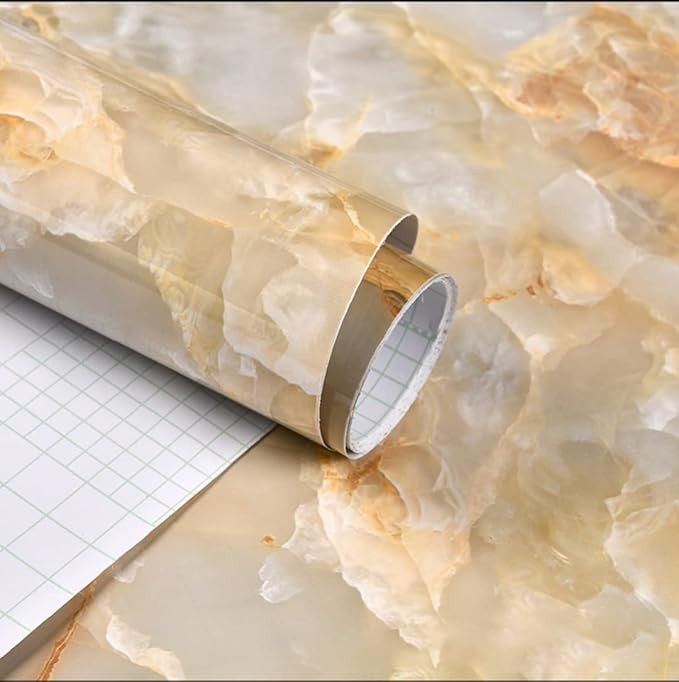 Vinyl self Adhesive, Peel and Stick Marble Granite Gloss Waterproof Decorative DIY Wallpaper 24 X 100 INCHES(Onyx Yellow)