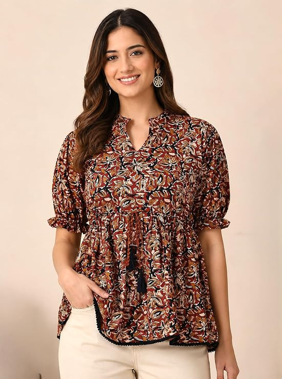 Women's Printed Peplum Top | Floral Print Casual Short Kurti for Women | Mandarin Neck | Puff Half Sleeves | Tassel Tie-Up | Soft Rayon Blend Tunic Top for Jeans & Trousers