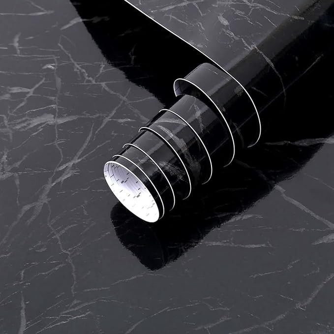 Self-Adhesive Black Marble Pattern Waterproof Wallpaper PVC Vinyl Wall Sticker, Removable Peel & Stick Decorative Sheet for Living Room, Bedroom, Kitchen & Furniture (45 x 304 cm)