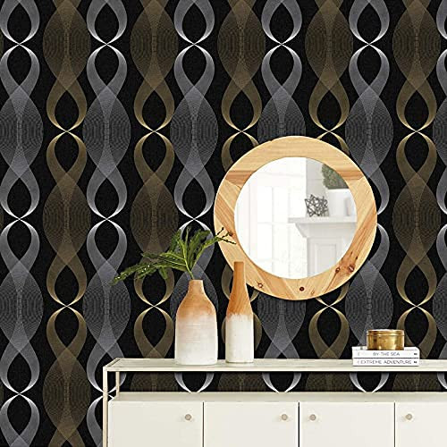 Self Adhesive Decorative Peel Stick Sea Green Waterproof Floral Wallpaper Removable Wall Sticker for Living Room Hall Decoration PVC Vinyl DIY Wall Stickers 45x304cm (Black Gold Waves)