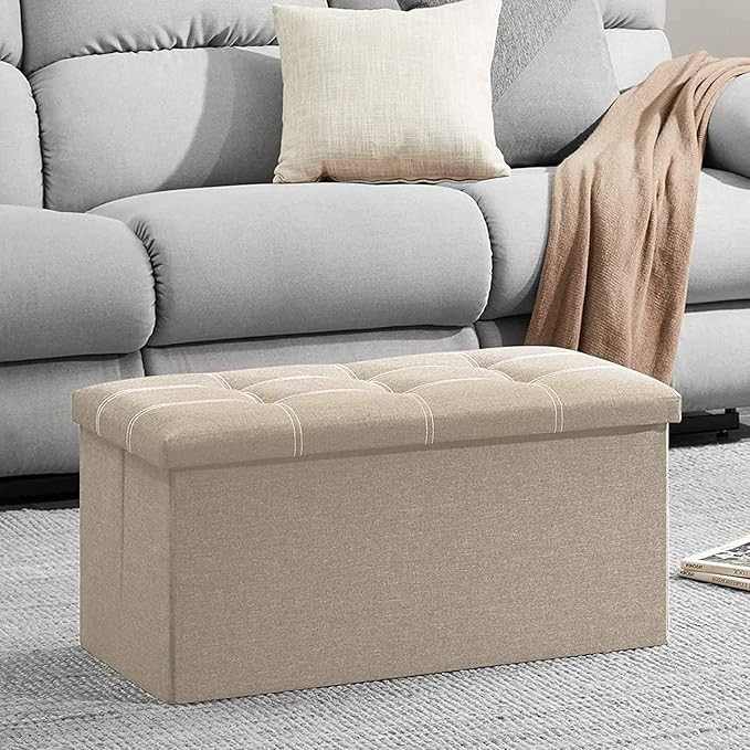 Foldable Storage Ottoman Cube and Toy Box with Cushion Lid – Collapsible Footrest Stool with Hidden Storage Box for Living Room, Playroom, Bedroom (76L x 38W x 38H cm)(Beige, Rectangular)