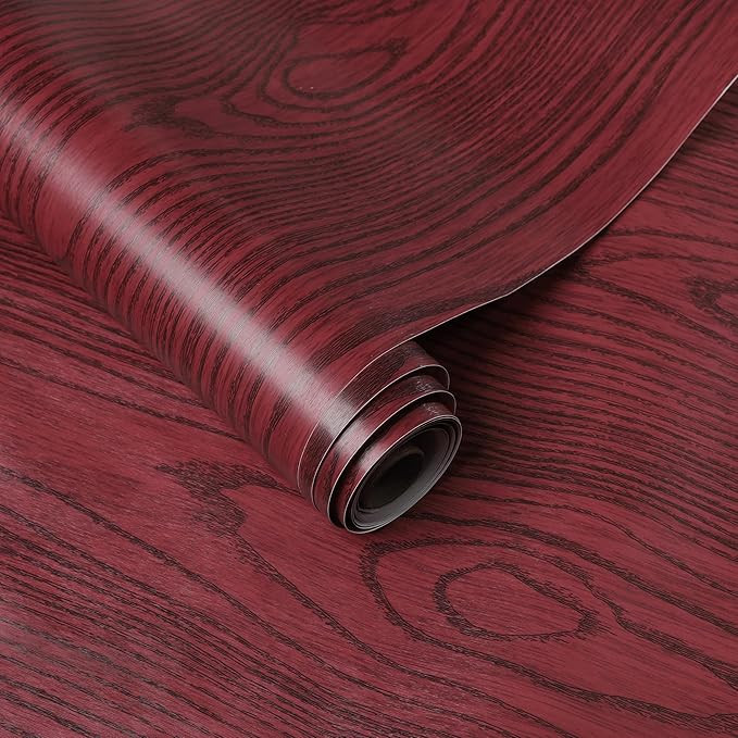 Self Adhesive Decorative Peel Stick Red Wooden Waterproof Wallpaper Removable Wall Sticker for Living Room Hall Decoration PVC Vinyl DIY Wall Stickers 45x304cm