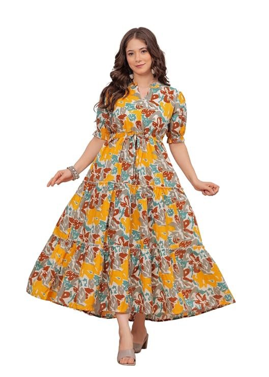 Womens Cotton Printed Anarkali Tiered Kurti