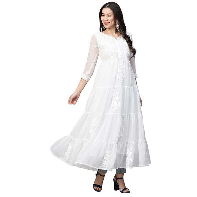 Women's Solid Georgette Tiered Chikankari Flared Kurti Gown Maxi Dress