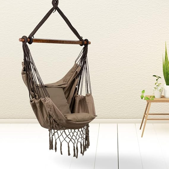 Hanging Cotton Cloth Swing Chair/Swing for Adults/Swing with Hanging Rod/Jhula/Cotton Hammock with Cushion (Brown, Pre-Assembled)