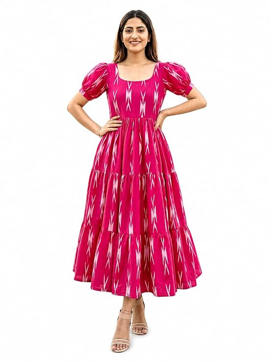 Women’s Pink Ikat Printed Tiered Maxi Dress | Square Neck Casual Long Dress for Women & Girls