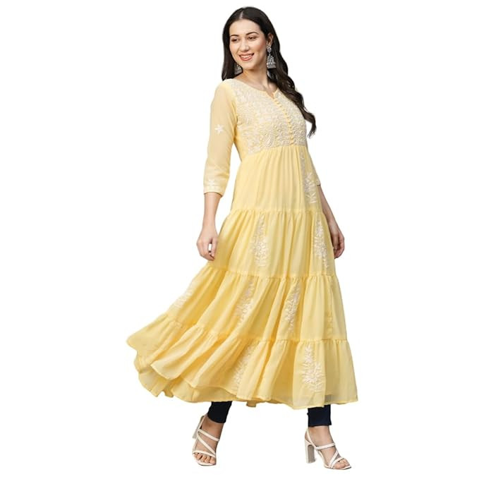 Women's Solid Georgette Tiered Chikankari Flared Kurti Gown Maxi Dress