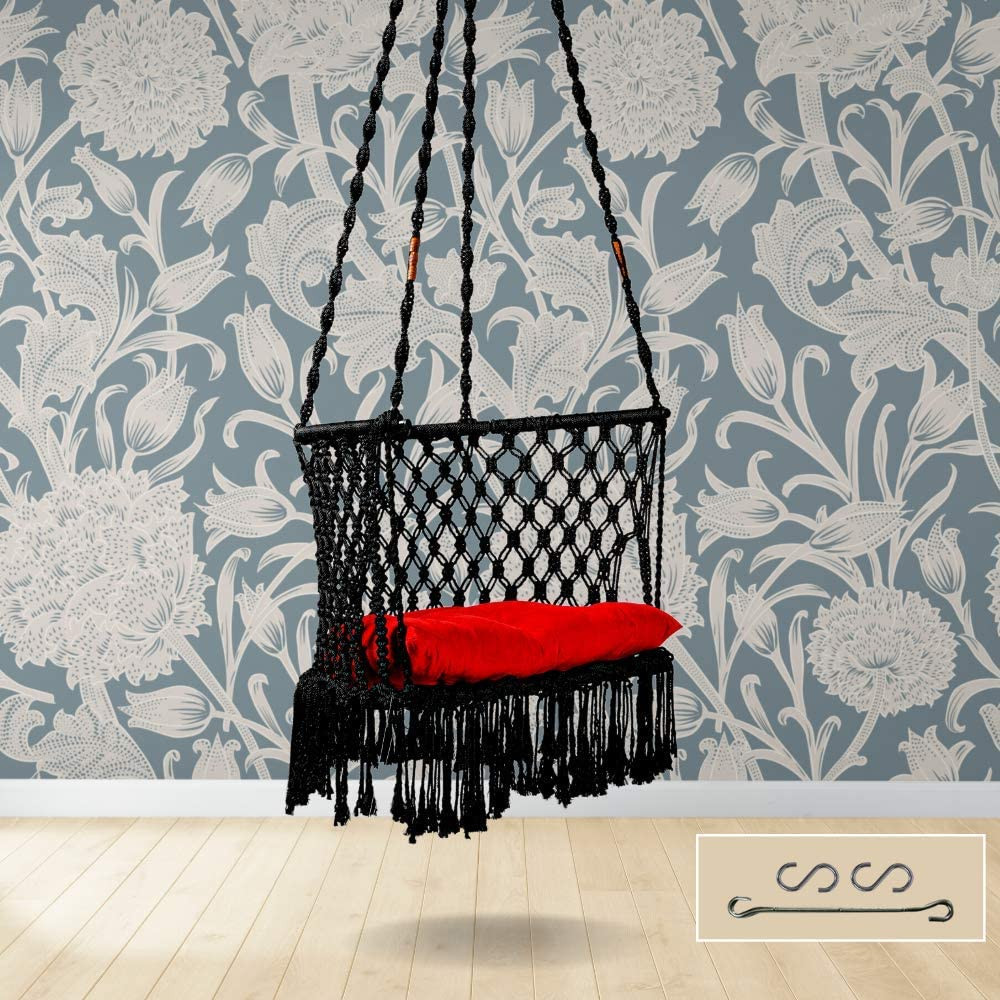 Polyester, Polyester Blend Premium Large Swing Chair Hanging Hammock Chair for Home, Indoor, Outdoor, Patio, Balcony, Garden/Jhula for Adults/Free Accessories Included (C-Shape Black)