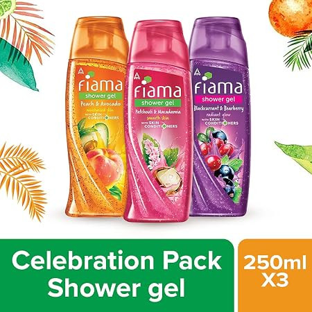 Fiama Shower Gel Peach & Avocado 250ml, Fiama Shower gel Blackcurrant & Bearberry 250ml, Fiama Shower Gel Patchouli & Macadamia 250ml combo of 3 bodywash, Celebration pack for moisturized skin, black