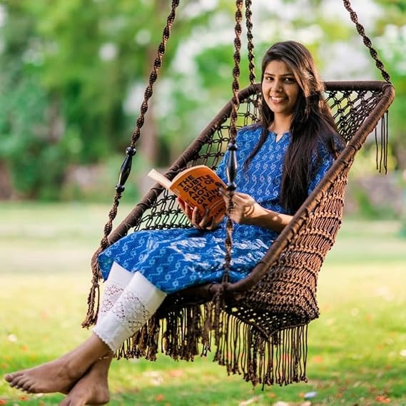 Swingzy Premium Rectangle Swing Chair for Adults | Stylish Indoor Outdoor Hanging Swing | Polyester Blend Large Swing for Balcony | Durable Relaxing Hammock Chair (Accessories Included, Brown)