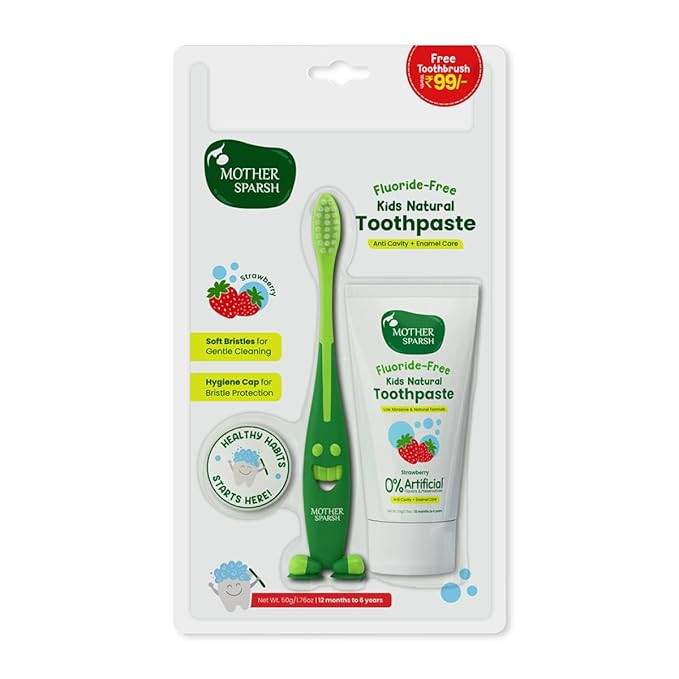 Natural Toothpaste for Kids-50g, Strawberry (With Free Toothbrush) | Strengthens Gums, Whitens Teeth | Preservative & Fluoride Free Baby Toothpaste | Anti Cavity + Enamel Care