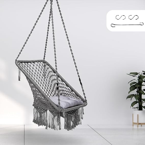 Swingzy Premium Large Swing Chair Hanging Hammock Chair for Home, Indoor, Outdoor, Patio, Balcony, Garden/Jhula for Adults/Free Accessories Included (Rectangle Grey)