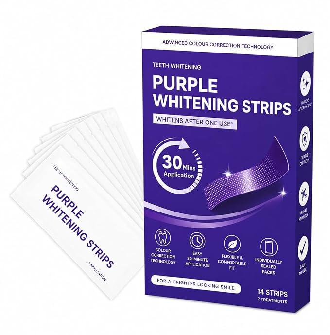 Purple Whitening Strips for Teeth Whitening, Advanced Colour Correction Strips, Removes Yellow Appearance, Brighter Looking Smile, Easy to Apply Whitening Strips for Men & Women
