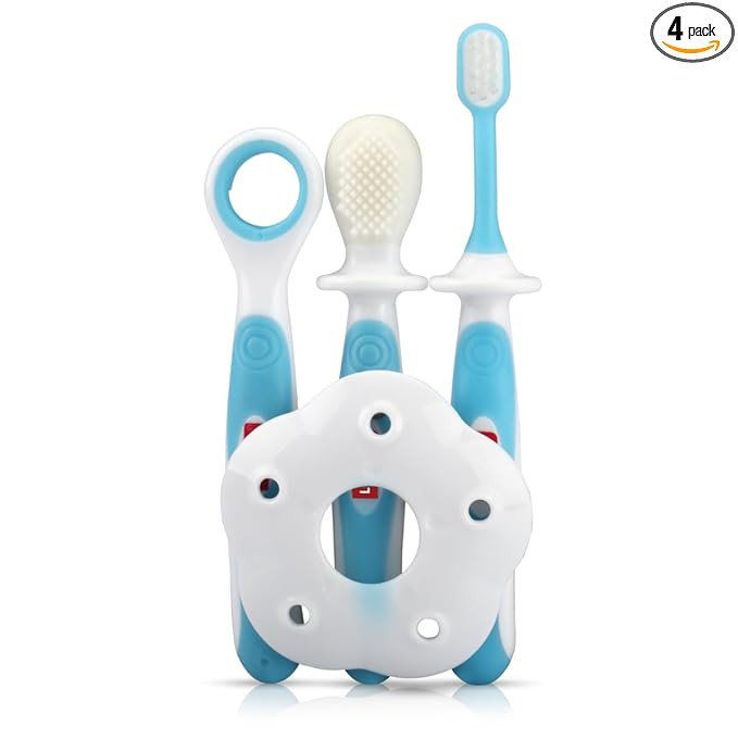 Baby Training Manual Toothbrush Set with Anti Choking Shield, Teeth & Tongue Cleaner, Baby Oral Hygiene, 3 Pcs, (White/Blue).