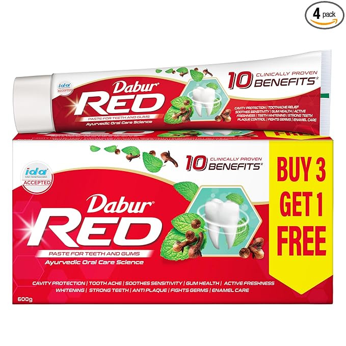 Dabur Red 600g (150g x 4, Pack of 4) Toothpaste - India's No.1 Ayurvedic Paste, Provides Protection Plaque Removal, Toothache, Yellow Teeth, Bad Breath-