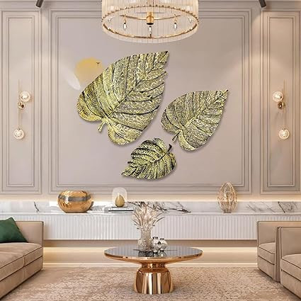 Metal Leaf (Set of 3) Brass Finish Wall Art Decorations | Perfect 3D Wall Sculpture for Living Room, Bedroom, Drawing Room & Office | Big Size