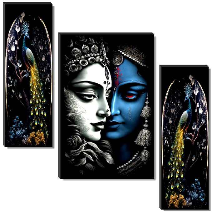 Radha Krishna & Peacock Wall Art – Set of 3 UV-Printed Panels | Spiritual Décor for Living Room, Bedroom & Pooja Room (20 Inch x 12 Inch) JM-35284