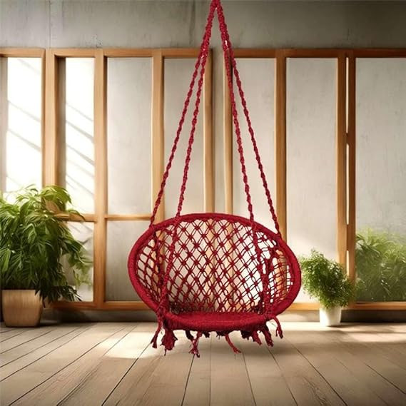 Premium Macrame Hammock Swing Chair, Cotton,roumdShape, 80 x 80 cm, Indoor Outdoor, Single Seating Capacity, Easy Assembly (red)
