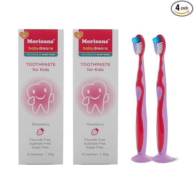 Baby Dreams Kids Strawberry Flavour Toothpaste 50 gm (Pack of 2) & Baby Astro Oral Care Toothbrush with soft Bristles (Pack of 2)