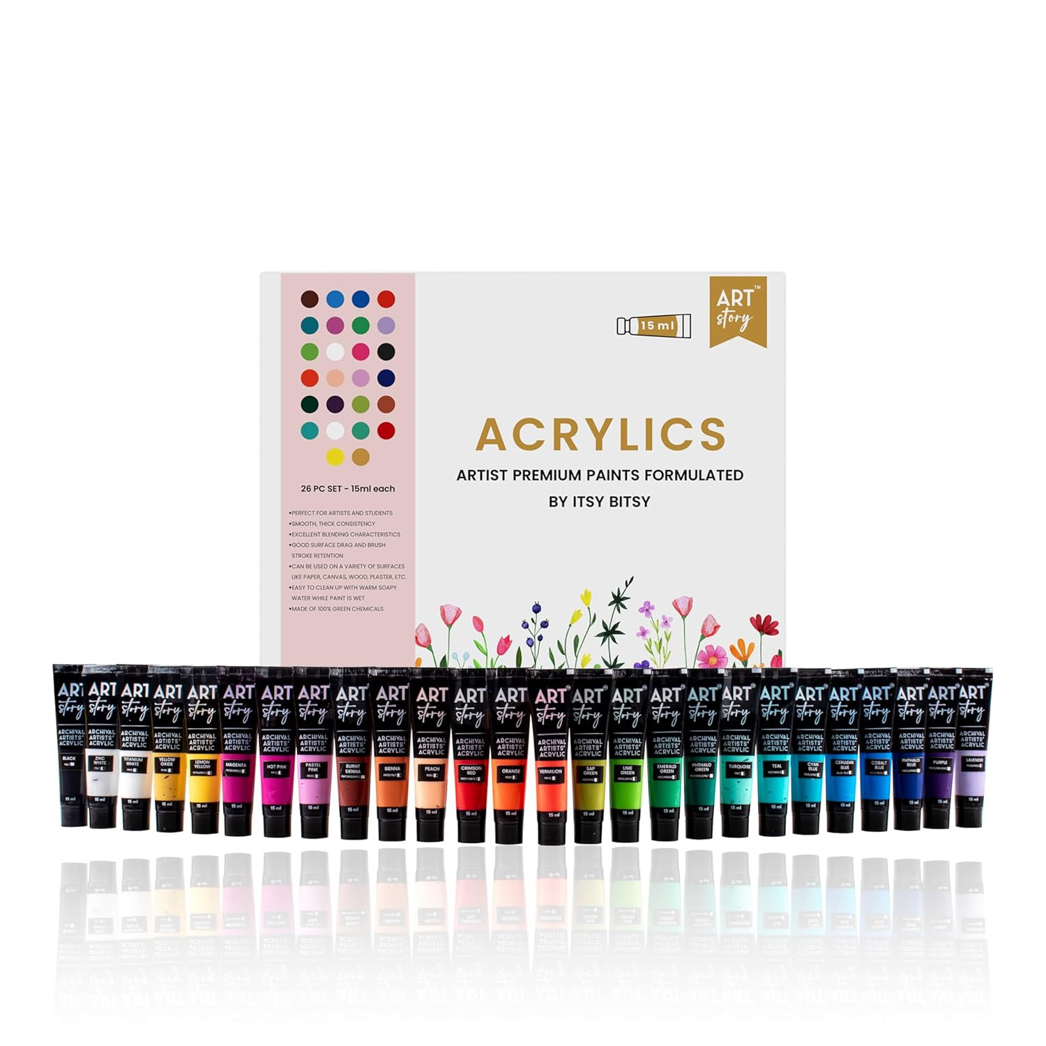 Itsy Bitsy Art Story Artists Acrylic Paint Set - 26 Colours X 15ml each| for Paper, Canvas, MDF, Wall, Glass, Plastic, Metal, Terracotta| Premium Multi Surface Paint for DIY Art & Craft