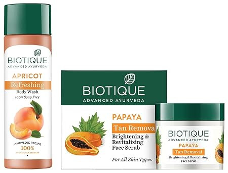 Biotique Bio Apricot Refreshing Body Wash, 190ml And Biotique Bio Papaya Revitalizing Tan Removal Scrub, 75g