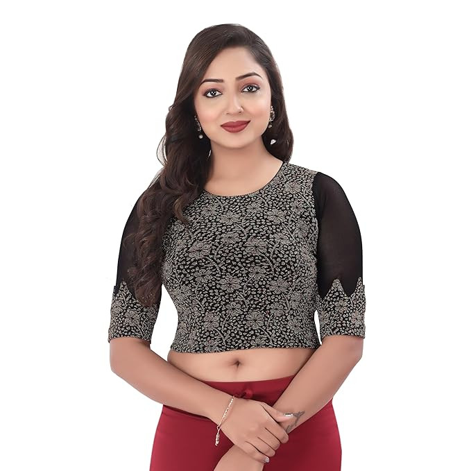 Emboridered Blouse with Silver Zari and Back Loop|Ready to Wear Regular Fit Saree Blouse for Women|Stretchable, Stylish Readymade Blouse Perfect for Saree, Lehenga|Elbow Length Sleeves