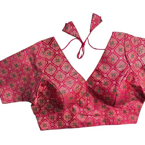 Floral Embroidered Saree Blouse, V-Neck with Tie-Up, Elbow Sleeves