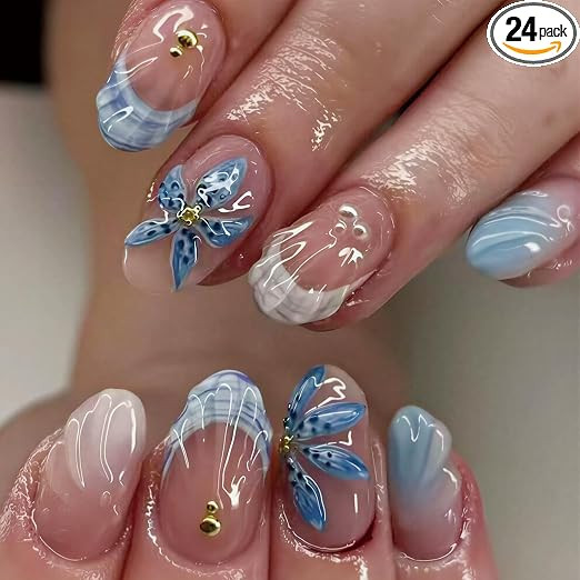 Fake Nails, Press On Nails for Women, Nail Extensions Kit with Blue Flower and Carved Golden Bead Design, 24PCS Stick on Nails for Social Events and Daily Fashion