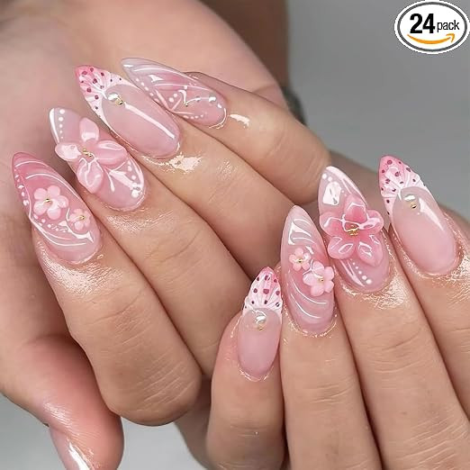 Fake Nails, 24PCS Short Almond Pink Press on Nails, 3D Butterfly Carving Flower Design, Stick on Nails for Daily Wear and Special Occasions