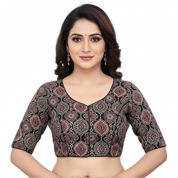 Traditional Ajrakh Print Cotton Blouse, Short Sleeves Blouse, Red &Black Floral Pattern