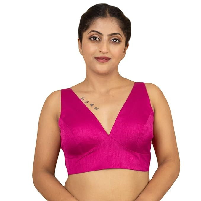 Women's Dupion Raw Silk Sleeveless V Neck Sabyasachi Cut Readymade Saree Blouse Padded Stitched Lining Designer Indian Festive Blouse | S4