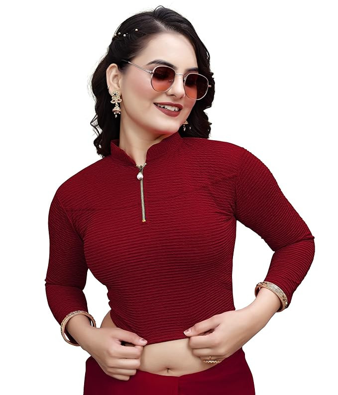 Trendy High-Neck Crop Blouse for Women ? Full Sleeves, Front Zipper, Casual Top
