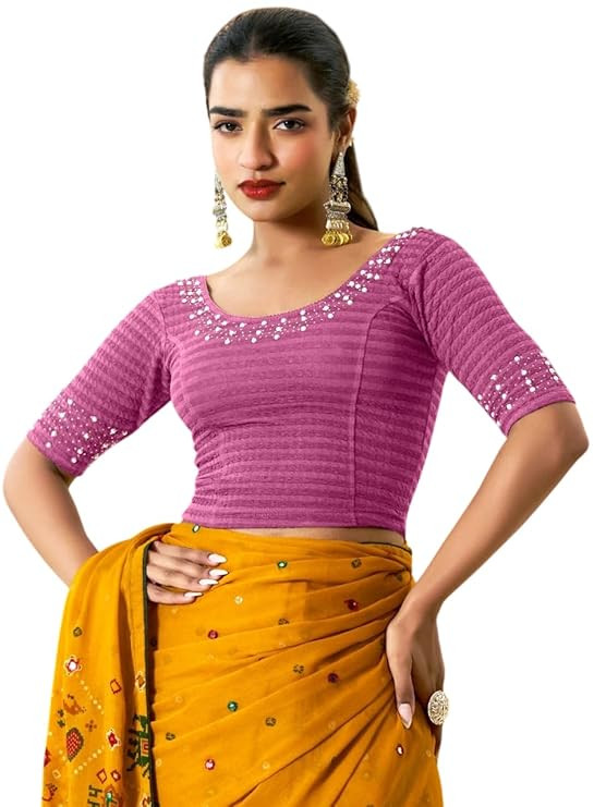 Women's Regular Fit Readymade Stretchy Elbow Length Embroidered Saree Blouse