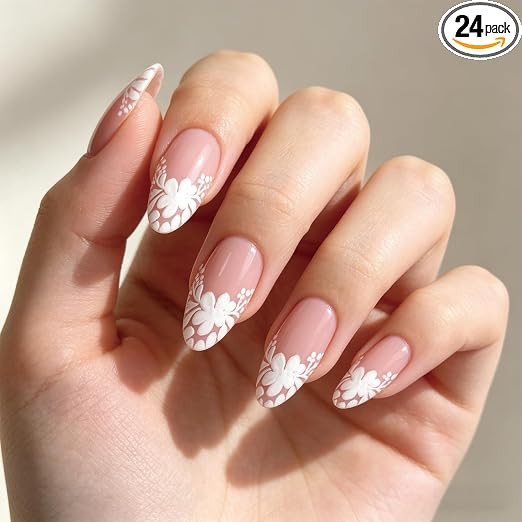 Fake Nails, Press On Nails With Floral Design, White French Nail Extensions For Women, 24PCS Artificial Nails Set, At-Home Salon Style Manicure Solution